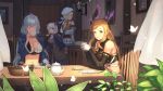  ahoge bangs bare_shoulders beret blonde_hair blue_eyes blush braid breasts brown_eyes brown_hair camieux chair cleavage closed_mouth collarbone commentary_request crop_top cucouroux_(granblue_fantasy) curtains detached_sleeves draph drinking elbows_on_table eyebrows_visible_through_hair gloves granblue_fantasy hair_between_eyes hair_ornament hair_ribbon hairband hat head_wings height_difference indoors lamp large_breasts long_hair long_sleeves looking_at_viewer looking_to_the_side medium_breasts midriff miniskirt multiple_girls navel open_mouth ribbon short_twintails silva_(granblue_fantasy) silver_hair sitting skirt smile song_(granblue_fantasy) table teapot thighhighs twin_braids twintails very_long_hair wasabi60 wavy_hair window wooden_floor wooden_wall 