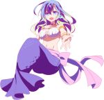  :d bikini_top blue_eyes blue_hair breasts fuchima full_body hair_ornament hand_on_own_chest head_fins hip_bones laira_(no_game_no_life) large_breasts mermaid monster_girl multicolored_hair no_game_no_life open_mouth pink_ribbon ribbon shell shell_bikini smile transparent_background 