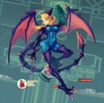  1girl blonde_hair blue_eyes looking_at_viewer metroid monster_girl ponytail samus_aran supersatanson thick_thighs wings zero_suit 