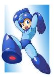  1boy android blue_eyes blue_gloves capcom gloves happy helmet jumping looking_at_viewer male_focus miyako_(toykingpaint) rckman rockman rockman_(character) rockman_(classic) rockman_11 smile solo white_border 