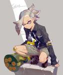  bandaid bandaid_on_knee black_footwear black_jacket boots character_request commentary_request copyright_name crack dated domino_mask grey_hair half-closed_eye holding inkling jacket long_sleeves looking_at_viewer male_focus mask mini_splatling_(splatoon) paint_gun ponytail solo splatoon_(series) squatting tentacle_hair uneven_eyes weapon yamakawa zipper 