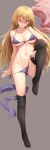  absurdres akita_hika arm_at_side bad_id bad_twitter_id bikini bikini_pull black_legwear blonde_hair blue_eyes blush breasts cleavage commentary_request error eyebrows_visible_through_hair fate/grand_order fate_(series) front-tie_bikini front-tie_top full_body grey_background halterneck highres jeanne_d'arc_(fate)_(all) large_breasts leg_up long_hair loose_thighhigh navel nose_blush one_eye_closed purple_bikini side-tie_bikini simple_background skindentation solo string_bikini sweat swimsuit tearing_up thighhighs wrong_feet 