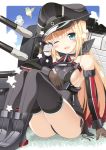  ;d animal bare_shoulders bird bismarck_(kantai_collection) black_panties blonde_hair blue_eyes blue_sky blush breasts brown_gloves cat character_name cloud collarbone commentary_request cover cover_page detached_sleeves doujin_cover gloves grey_legwear hat kantai_collection long_hair long_sleeves machinery medium_breasts military military_uniform no_bra one_eye_closed oota_yuuichi open_mouth panties pantyshot pantyshot_(sitting) peaked_cap side-tie_panties sideboob sitting sky smile solo star thighhighs thighs turret underwear uniform unsinkable_sam 