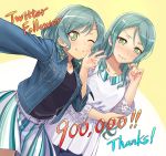  ;) aqua_hair bang_dream! belt black_shirt blouse blush commentary_request denim denim_jacket embarrassed eyebrows_visible_through_hair followers green_eyes hand_on_own_elbow hikawa_hina hikawa_sayo lace_sleeves long_hair long_sleeves looking_at_viewer medium_hair multiple_girls nose_blush official_art one_eye_closed playing_with_own_hair reaching_out self_shot shirt siblings side_braids sisters skirt smile striped twins v-shaped_eyebrows vertical-striped_skirt vertical_stripes w white_blouse 