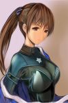  black_bodysuit blue_dress blue_ribbon bodysuit breasts brown_eyes brown_hair closed_mouth commentary_request dead_or_alive dead_or_alive_6 dress kasumi_(doa) large_breasts nannacy7 ninja ponytail ribbon skin_tight upper_body 