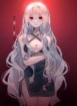  bangs bare_legs bare_shoulders breasts cleavage cleavage_cutout dress highres lilianei long_hair looking_at_viewer original red_eyes short_dress standing upper_body wavy_hair white_hair 