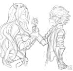  blush camilla_(fire_emblem_if) commentary dl english_commentary fire_emblem fire_emblem_if flower greyscale hinoka_(fire_emblem_if) holding holding_flower long_hair looking_at_another monochrome multiple_girls short_hair sketch sweat trembling very_long_hair yuri 