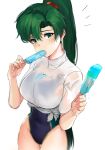  bangs blue_swimsuit blush breasts commentary_request covered_navel earrings eating fire_emblem fire_emblem:_rekka_no_ken food green_eyes green_hair high_ponytail hips jewelry large_breasts long_hair looking_at_viewer lyndis_(fire_emblem) one-piece_swimsuit ormille ponytail popsicle red_scrunchie scrunchie shirt simple_background solo swimsuit swimsuit_under_clothes tied_shirt white_background white_shirt 