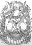  ahoge anila_(granblue_fantasy) blush breasts curly_hair granblue_fantasy greyscale highres horns large_breasts long_hair looking_away midriff miniskirt monochrome no_bra skirt solo toriudonda undressing very_long_hair 