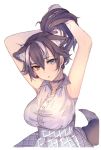  alternate_costume alternate_hairstyle ancolatte_(onikuanco) animal_ears bare_arms bare_shoulders black_hair blue_eyes choker dress earrings eyebrows_visible_through_hair grey_hair grey_wolf_(kemono_friends) hair_tie hair_up hands_in_hair heterochromia highres jewelry kemono_friends long_hair multicolored_hair sleeveless sleeveless_dress solo tail white_hair wolf_ears wolf_tail yellow_eyes 