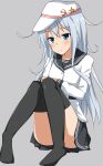  aqua_eyes bangs black_legwear black_skirt blush eyebrows_visible_through_hair grey_background hair_between_eyes hat hibiki_(kantai_collection) highres jacket kantai_collection long_hair miniskirt pleated_skirt silver_hair simple_background sitting skirt solo star star_print thighhighs toron_(toron-to) verniy_(kantai_collection) very_long_hair white_hat white_jacket zettai_ryouiki 