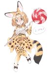  absurdres animal_ears animal_ears_(artist) bare_shoulders blonde_hair blush boot_bow boots bow bowtie candy check_translation commentary_request dated elbow_gloves eyebrows_visible_through_hair food gloves highres kemono_friends korean korean_commentary lollipop multicolored_hair oversized_object partial_commentary serval_(kemono_friends) serval_ears serval_print serval_tail short_hair skirt sleeveless solo tail thighhighs translation_request 