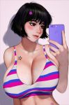  1girl bikini black_hair blush breasts brown_eyes cleavage freckles hair_ornament holding holding_phone large_breasts original phone randy_(awesomevillage) shadow short_hair solo standing star star_tattoo striped striped_bikini swimsuit upper_body veins veiny_breasts 