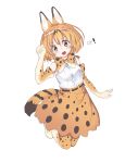  absurdres animal_ears animal_ears_(artist) bare_shoulders blonde_hair bow bowtie check_translation commentary_request elbow_gloves eyebrows_visible_through_hair fang gloves highres jumping kemono_friends korean korean_commentary multicolored_hair paw_pose serval_(kemono_friends) serval_ears serval_print serval_tail short_hair skirt sleeveless solo tail thighhighs translation_request 
