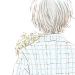  baby's-breath black_hair blue_shirt bouquet collared_shirt facing_away flower from_behind itunohika male_focus original plaid shirt simple_background solo upper_body wavy_hair white_background white_flower 