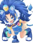  animal_ears arm_support big_hair blue_eyes blue_footwear blue_gloves blue_hair boots commentary crown cure_gelato earrings extra_ears eyebrows_visible_through_hair fang food full_body gloves green_legwear ice_cream iguchi_(strawmat) jewelry kirakira_precure_a_la_mode lion_ears lion_tail long_hair looking_at_viewer magical_girl open_mouth precure short_sleeves simple_background skirt smile solo tail tategami_aoi v-shaped_eyebrows white_background 