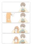 1boy 1girl 4koma absurdres arm_at_side blanket blue_shirt blush book brown_hair closed_eyes closed_mouth collared_shirt comic couple cup drink drinking expressionless eyebrows_visible_through_hair flower hand_up hands_up happy hetero highres holding holding_book holding_cup itunohika light_brown_hair looking_at_another looking_away looking_down motion_lines mug open_book orange_shirt original pajamas pants plaid plaid_shirt reading shirt short_hair silent_comic simple_background sleepy smile tareme walking wavy_hair white_background 
