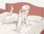  all_fours barefoot bathrobe bed bed_sheet bedroom blonde_hair breasts cleavage collarbone dabaizhao full_body green_eyes highres indoors kantai_collection leg_up medium_breasts pillow prinz_eugen_(kantai_collection) short_hair sketch solo towel towel_on_head 