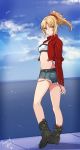  bandeau bird black_footwear blonde_hair blue_sky cloud commentary cropped_jacket cutoffs day denim denim_shorts fate/apocrypha fate/grand_order fate_(series) green_eyes hair_ornament hair_scrunchie highres jacket kneepits legs looking_at_viewer looking_back midriff mordred_(fate) mordred_(fate)_(all) open_clothes open_jacket ponytail red_jacket red_scrunchie scrunchie short_shorts shorts sky standing surfboard thank_you tusia 