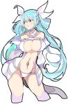  blue_hair breasts cleavage dizzy enpe guilty_gear highres large_breasts looking_to_the_side midriff navel red_eyes ribbon simple_background solo tail thighhighs thighs underboob white_background white_ribbon 