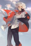  black_cape black_pants cape cloud cloudy_sky copyright_request day grey_sky long_sleeves male_focus multicolored multicolored_cape multicolored_clothes neck_ribbon pants parted_lips red_cape red_eyes red_neckwear ribbon shirt sky solo white_hair white_shirt yamakawa 