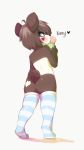  &lt;3 3ds anthro bear blue_eyes blush brown_fur brown_hair bubble_gum butt clothed clothing eyelashes female fur girly hair hi_res kenny_(kenashcorp) legwear low-angle_view mammal marblesoda mostly_nude nintendo panda rear_view short_tail solo standing stockings striped_legwear striped_stockings stripes topless video_games white_fur young 