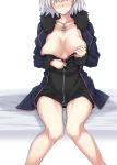  breasts coat commentary_request dress fate/grand_order fate_(series) fur-trimmed_coat fur-trimmed_jacket fur_trim jacket jeanne_d'arc_(alter)_(fate) jeanne_d'arc_(fate)_(all) jewelry kikunosukemaru large_breasts necklace short_dress sitting unzipping wicked_dragon_witch_ver._shinjuku_1999 zipper 