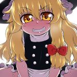  black_dress blonde_hair blush bow buttons commentary_request cowgirl_position dress frilled_dress frills grin hair_bow hanya_(hanya_yashiki) hat implied_sex kirisame_marisa long_hair looking_back orange_eyes puffy_sleeves smile straddling sweat touhou witch_hat 