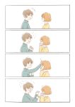  1boy 1girl 4koma :o =_= absurdres arm_up bangs blue_sweater blunt_bangs blush_stickers brown_hair clenched_hand closed_eyes closed_mouth comforting comic crying crying_with_eyes_open eye_contact eyebrows_visible_through_hair flying_sweatdrops from_side furrowed_eyebrows hand_up hands_up highres itunohika light_brown_hair long_sleeves looking_at_another motion_lines nervous open_hands open_mouth original panicking parted_lips petting profile sad silent_comic simple_background surprised sweat sweater tareme tearing_up tears upper_body v-shaped_eyebrows white_background wiping_tears yellow_sweater 
