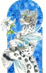  2018 anthro black_fur blue_eyes bracelet clothed clothing feline female flower fur grey_fur hair heather_bruton jewelry leopard lily_(flower) mammal plant snow_leopard solo white_fur white_hair 