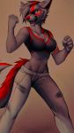  2015 anthro black_fur breasts canine clothed clothing falvie fangs female fighting_pose fur grey_fur grey_hair hair hi_res mammal multicolored_fur open_mouth red_fur signature solo tongue 