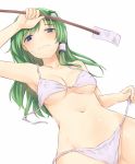  armpits bare_arms bare_shoulders blue_eyes blush bra breasts collarbone commentary covered_nipples cowboy_shot frog_hair_ornament frown green_hair groin hair_ornament hair_tubes holding kochiya_sanae long_hair looking_at_viewer medium_breasts miyo_(ranthath) navel panties side-tie_panties simple_background single_sidelock solo standing stomach touhou underboob underwear underwear_only untied untied_bra untied_panties white_background white_bra white_panties 