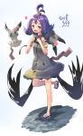  acerola_(pokemon) alternate_costume armlet commentary_request cosplay dated e-co elite_four flipped_hair gen_7_pokemon hair_ornament heart leg_up mimikyu mimikyu_(cosplay) open_mouth pokemon pokemon_(anime) pokemon_(creature) pokemon_sm_(anime) purple_eyes purple_hair sandals short_hair stitches trial_captain 