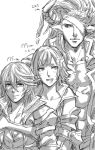  2boys armor bare_chest cain_(granblue_fantasy) commentary_request draph gauntlets granblue_fantasy greyscale hair_ornament headband height_difference highres horns leona_(granblue_fantasy) monochrome multiple_boys one_eye_covered pointy_ears reinhardtzar simple_background sketch toriudonda 