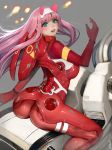  aqua_eyes arm_behind_back ass bangs blush bodysuit bracelet breasts cockpit darling_in_the_franxx eyeshadow green_eyes hairband highres horns jewelry large_breasts long_hair looking_at_viewer looking_back makeup oni_horns parted_lips pilot_suit pink_hair randy_(awesomevillage) red_bodysuit red_horns sitting straddling straight_hair white_hairband zero_two_(darling_in_the_franxx) 