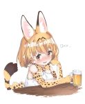 absurdres alcohol animal_ears animal_ears_(artist) bare_shoulders beer_mug blonde_hair blush check_translation commentary_request drunk elbow_gloves eyebrows_visible_through_hair fang gloves highres kemono_friends korean korean_commentary multicolored_hair nose_blush serval_(kemono_friends) serval_ears serval_print serval_tail short_hair sitting skirt sleeveless solo tail translation_request 
