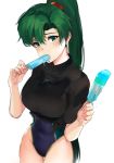  bangs black_shirt blue_swimsuit blush breasts commentary_request covered_navel earrings eating fire_emblem fire_emblem:_rekka_no_ken food green_eyes green_hair high_ponytail hips jewelry large_breasts long_hair looking_at_viewer lyndis_(fire_emblem) one-piece_swimsuit ormille ponytail popsicle red_scrunchie scrunchie shirt simple_background solo swimsuit swimsuit_under_clothes tied_shirt white_background 