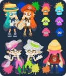  :d aori_(splatoon) bare_shoulders beanie beret black_dress black_footwear black_hair black_jumpsuit blue_eyes blue_footwear blue_hair blue_neckwear blue_sailor_collar blue_shorts boots brown_footwear brown_neckwear brown_sailor_collar brown_shorts closed_mouth cousins detached_collar domino_mask dress earrings fangs gloves green_legwear grey_hair hair_rings hand_up hat hotaru_(splatoon) inkling jewelry jumpsuit knees_together_feet_apart long_hair long_sleeves looking_at_another mask multiple_girls neckerchief object_on_head open_mouth orange_eyes orange_hair paint_splatter pantyhose pink_hair pointy_ears purple_legwear red_hat rizu_(rizunm) sailor_collar shirt short_hair shorts smile splatoon_(series) splatoon_1 squid strapless strapless_dress white_gloves white_shirt yellow_hat 