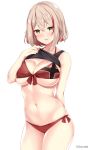  artist_name azur_lane bikini blush breasts commentary eyebrows_visible_through_hair hair_between_eyes highres kaetzchen large_breasts looking_at_viewer multicolored_hair navel platinum_blonde_hair red_bikini red_hair roon_(azur_lane) short_hair side-tie_bikini simple_background smile solo standing swimsuit two-tone_hair underboob white_background 