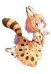  absurdres animal_ears animal_ears_(artist) ass bare_shoulders blonde_hair blush boot_bow boots commentary elbow_gloves eyebrows_visible_through_hair gloves highres kemono_friends multicolored_hair serval_(kemono_friends) serval_ears serval_print serval_tail short_hair skirt sleeveless solo tail thighhighs 