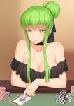  :3 alternate_hairstyle anarchojs arm_support bangs bare_shoulders black_choker black_dress black_ribbon blackjack breasts c.c. card choker cleavage code_geass collarbone dress eyebrows_visible_through_hair frills green_hair hair_bun hair_ribbon highres index_finger_raised large_breasts long_hair looking_at_viewer off-shoulder_dress off_shoulder playing_card poker_chip ribbon sidelocks solo yellow_eyes 