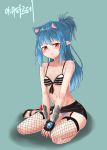  2015 5_fingers 5_toes animal_humanoid black_skirt blue_fur blue_hair bmd21118_(artist) breasts cat_humanoid clothed clothing dungeon_fighter_online ear_tuft feline female fingerless_gloves fingers fishnet fishnet_legwear fur garter_straps gloves hair hi_res humanoid legwear lingerie long_hair looking_at_viewer mammal miniskirt multi_ear navel panchira panties pantsu pointy_ears ponytail red_eyes red_fur red_neckwear simple_background sitting skirt small_breasts solo stockings striped_panties stripes tied_hair toes tuft underwear 