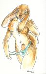  2018 anthro balls breasts clothed clothing dickgirl fur green_eyes grey_fur heather_bruton intersex lagomorph mammal navel navel_piercing nipples panties penis piercing rabbit simple_background solo tan_fur topless uncut underwear white_background white_fur 