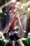  1girl artist_name bangs bare_shoulders bike_shorts blush breasts brown_hair bush collarbone female forest gen_1_pokemon grey_eyes hair_ornament haruka_(pokemon) haruka_(pokemon_oras) oddish open_mouth outdoors pokemon pokemon_(creature) pokemon_(game) pokemon_oras red_shirt ririmon shirt short_shorts shorts sleeveless sleeveless_shirt small_breasts smile solo_focus standing sunbeam sunlight teeth tree twitter_username white_shorts wristband 