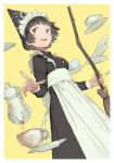  apron back_bow black_dress black_hair bow breasts broom brown_eyes commentary_request cup dress grin holding holding_broom large_bow long_hair maid_headdress mogumo original pouring saucer small_breasts smile solo standing tea teacup teapot waist_apron white_background yellow_background 