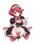  bangs blush breasts cleavage earrings fingerless_gloves frills gloves homura_(xenoblade_2) jewelry kashi_(boyishcao) large_breasts looking_at_viewer maid_dress maid_headdress mimikaki puffy_short_sleeves puffy_sleeves red_eyes red_hair red_legwear short_hair short_sleeves swept_bangs thighhighs tiara white_background xenoblade_(series) xenoblade_2 