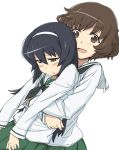  akiyama_yukari bangs black_hair black_neckwear blouse brown_eyes brown_hair cowboy_shot dot_nose girls_und_panzer grabbing grabbing_from_behind green_skirt hairband half-closed_eyes iguchi_(strawmat) light_blush long_hair long_sleeves looking_at_viewer messy_hair multiple_girls neckerchief ooarai_school_uniform open_mouth pleated_skirt reizei_mako school_uniform serafuku short_hair simple_background skirt smile tired white_background white_blouse white_hairband 