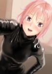  1girl black_bodysuit blush bodysuit breasts highres kilye_4421 latex latex_suit looking_at_viewer medium_breasts open_mouth original pink_eyes pink_hair shiny shiny_clothes short_hair skin_tight smile solo 