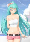  alternate_hairstyle anarchojs aqua_eyes aqua_hair arm_behind_back bangs bare_arms bare_shoulders belt bespectacled bird breasts collarbone cowboy_shot day eyebrows_visible_through_hair glasses hatsune_miku heart highres holding_own_arm long_hair looking_at_viewer medium_breasts midriff navel outdoors pants pink_pants ponytail short_shorts shorts sky smile solo strapless tubetop v very_long_hair vocaloid 