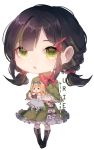  black_hair bow braid chibi commission doll dress frills green_dress green_eyes green_hair hair_ornament hairclip holding lilianei looking_at_viewer multicolored_hair open_mouth original short_hair short_twintails stuffed_toy twintails 